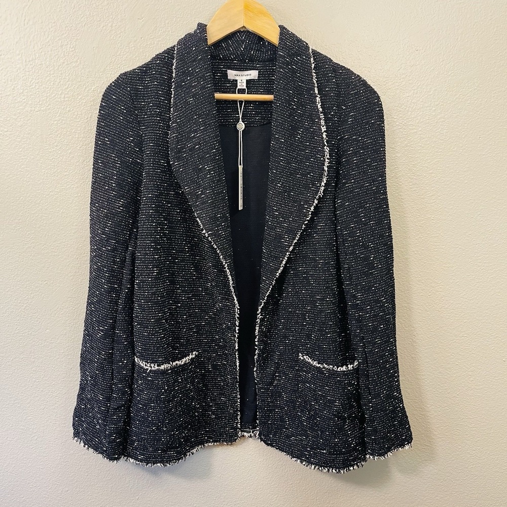 NEW Max Studio Tweed Blazer Open Front Black White Fringe Trim Office Size S